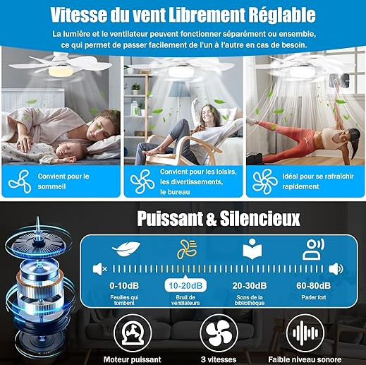 Ventilateur de Plafond avec Lumière et Telecommande